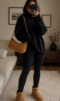 Cartera Liam PRÜNE - modelo con outfit negro
